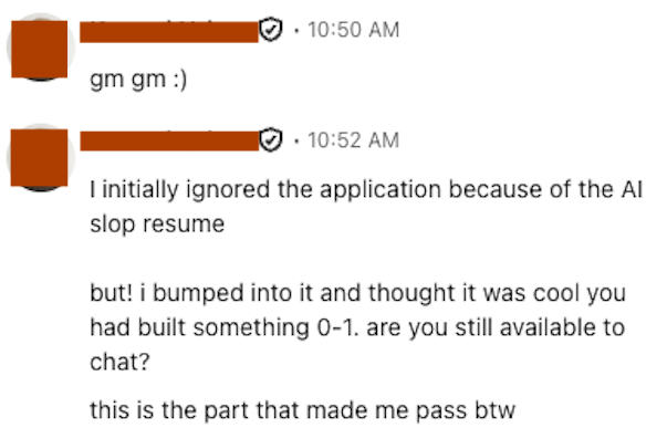 LinkedIn message calling out my AI-optimized resume